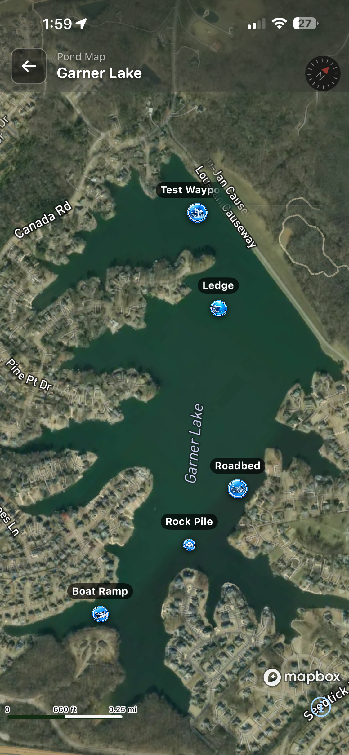 PondBase interactive pond map with waypoints
