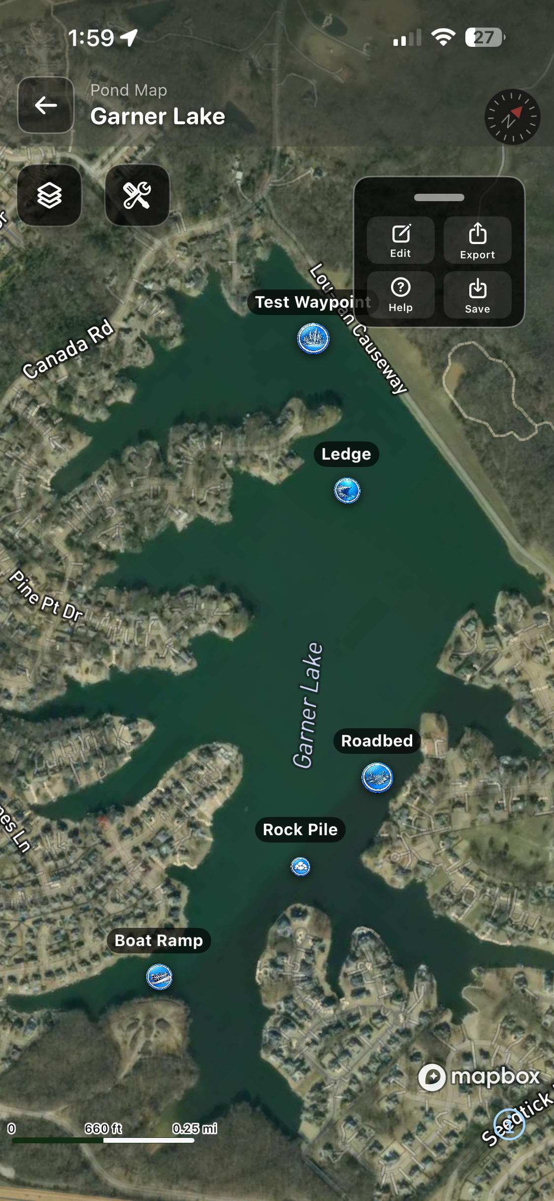PondBase pond map, toolbar collapsed