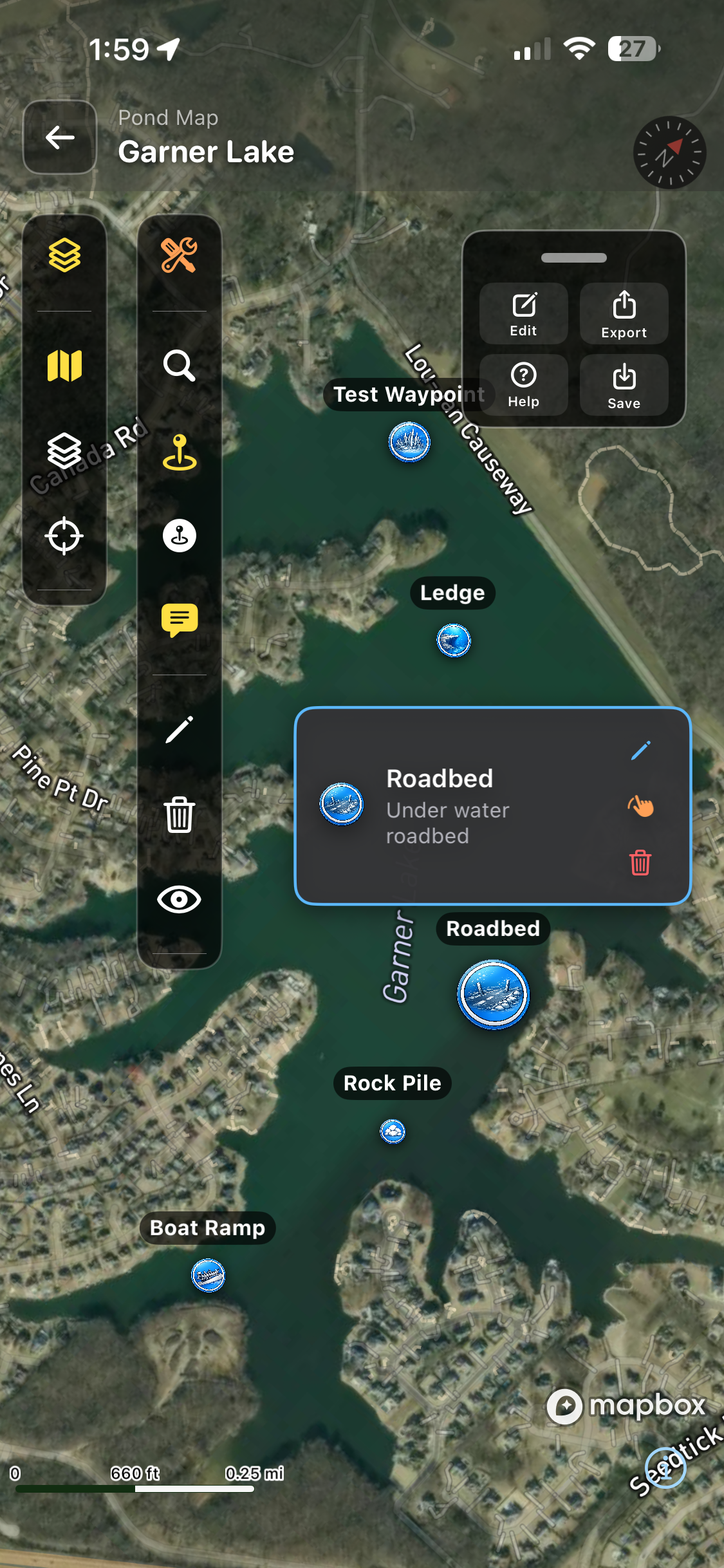 PondBase pond map editing tools and waypoint details